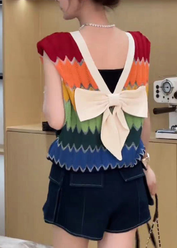Plus Size Rainbow Striped V Neck Bow Patchwork Knit Top Summer