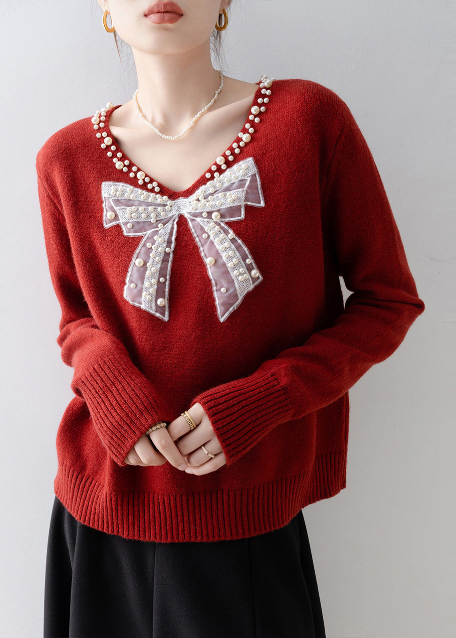 Plus Size Red Bow Nail Bead Knit Sweaters Winter