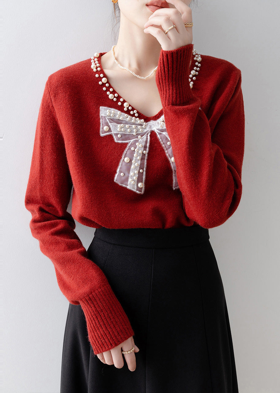 Plus Size Red Bow Nail Bead Knit Sweaters Winter