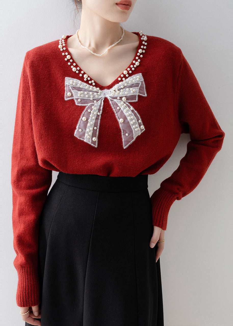 Plus Size Red Bow Nail Bead Knit Sweaters Winter