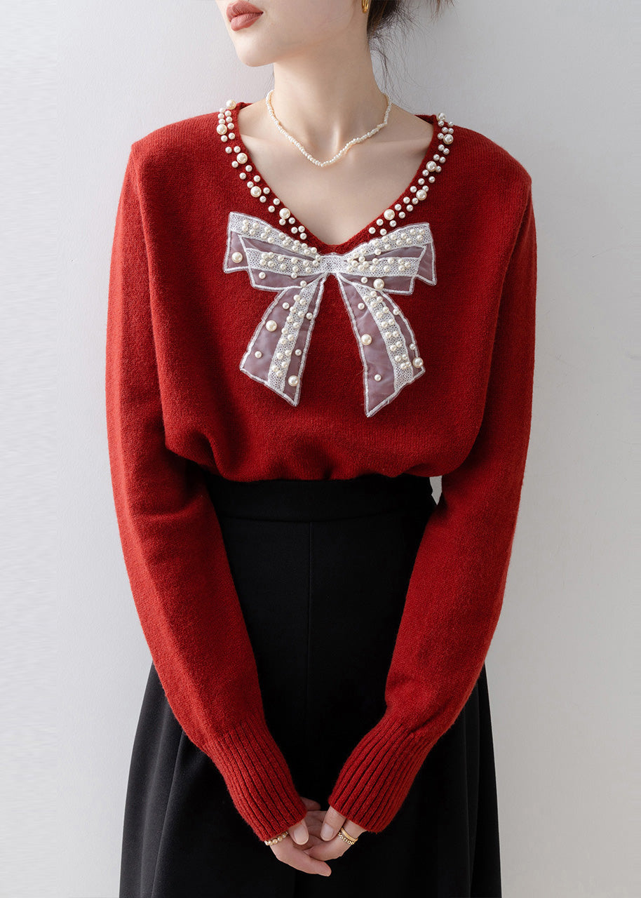 Plus Size Red Bow Nail Bead Knit Sweaters Winter