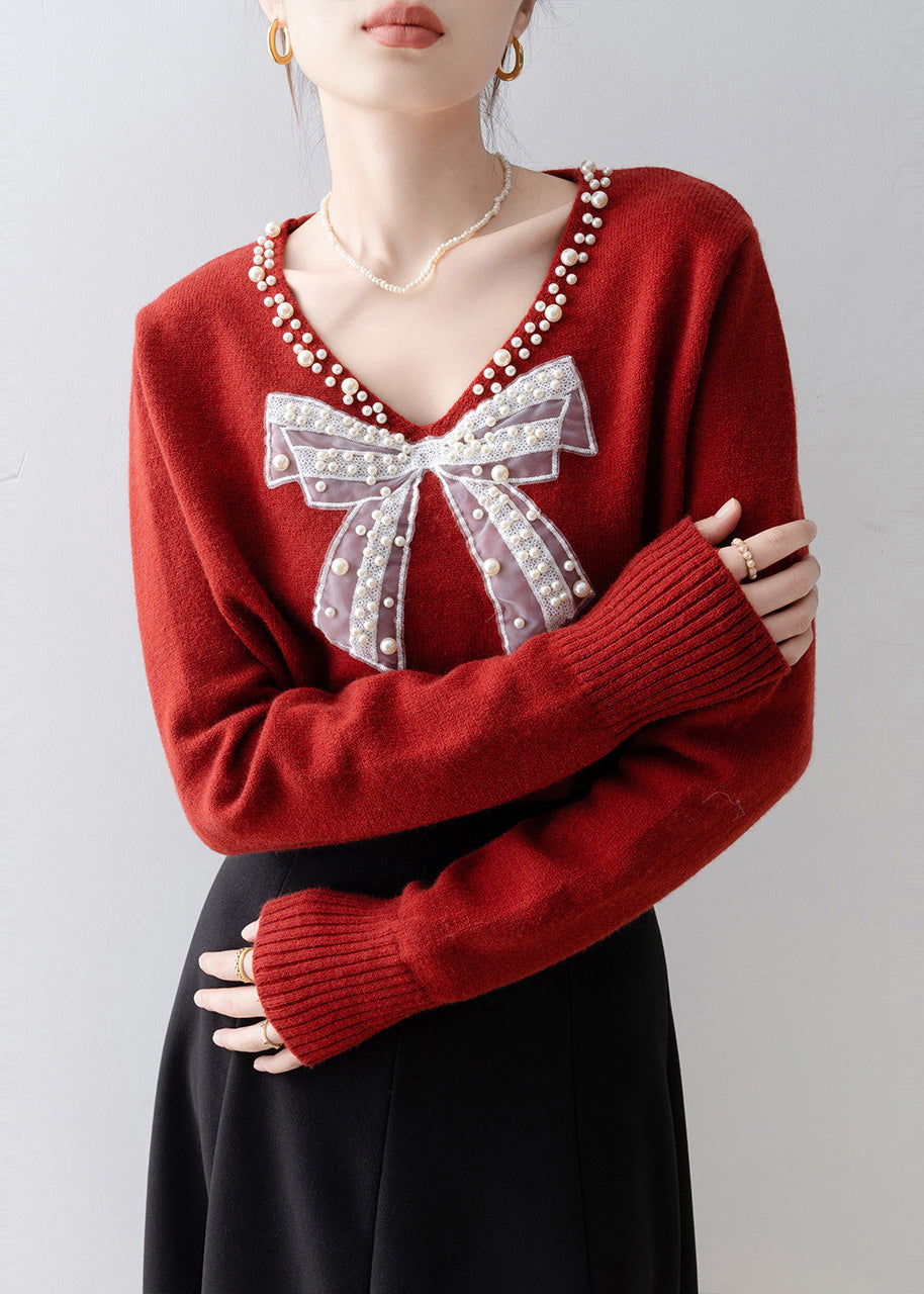 Plus Size Red Bow Nail Bead Knit Sweaters Winter