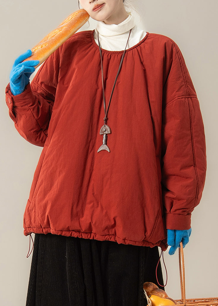 Plus Size Red Button Drawstring Solid Fine Cotton Filled Parka