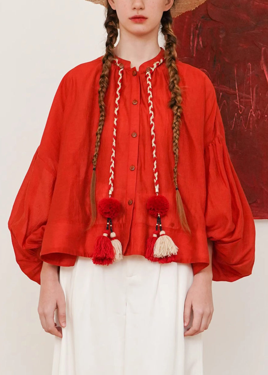 Plus Size Red Button Solid Cotton Shirt Fall