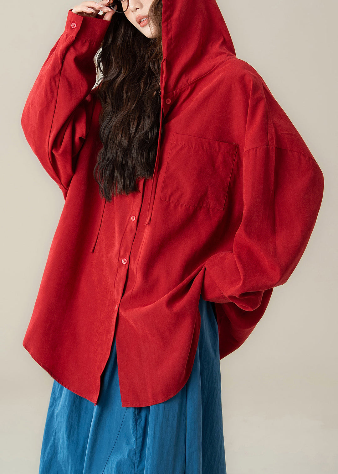 Plus Size Red Hooded Button Cotton Shirt Spring