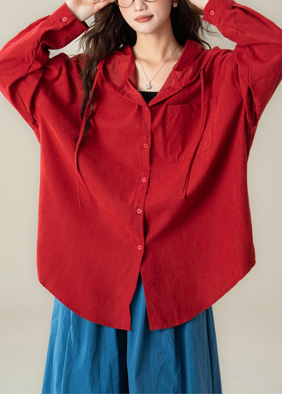 Plus Size Red Hooded Button Cotton Shirt Spring