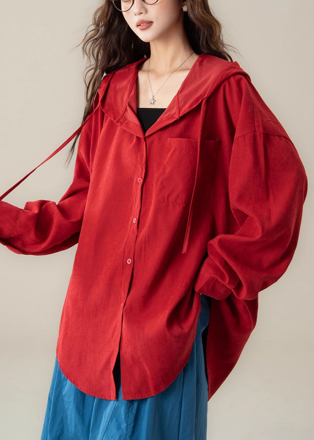 Plus Size Red Hooded Button Cotton Shirt Spring