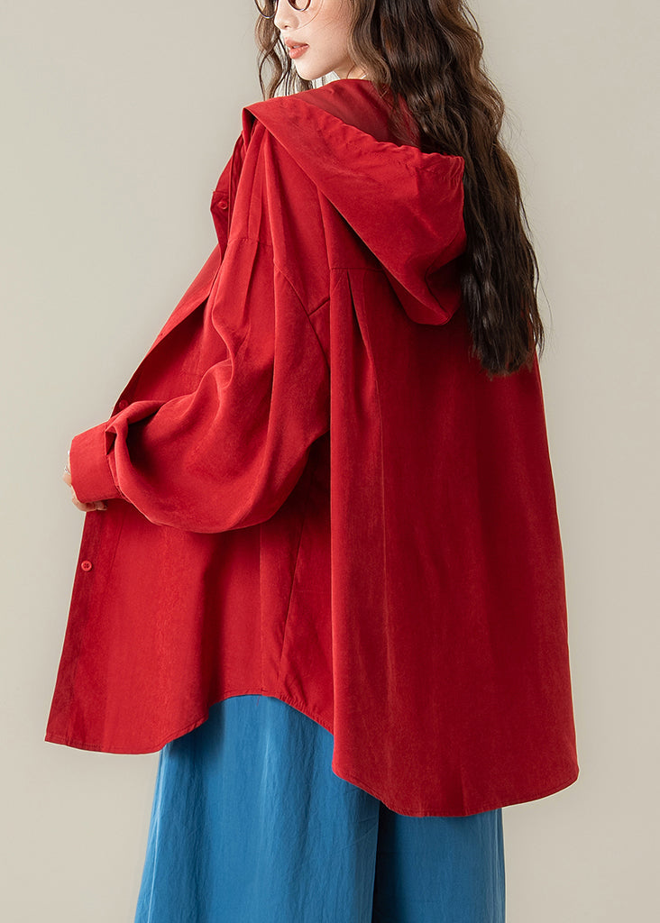 Plus Size Red Hooded Button Cotton Shirt Spring