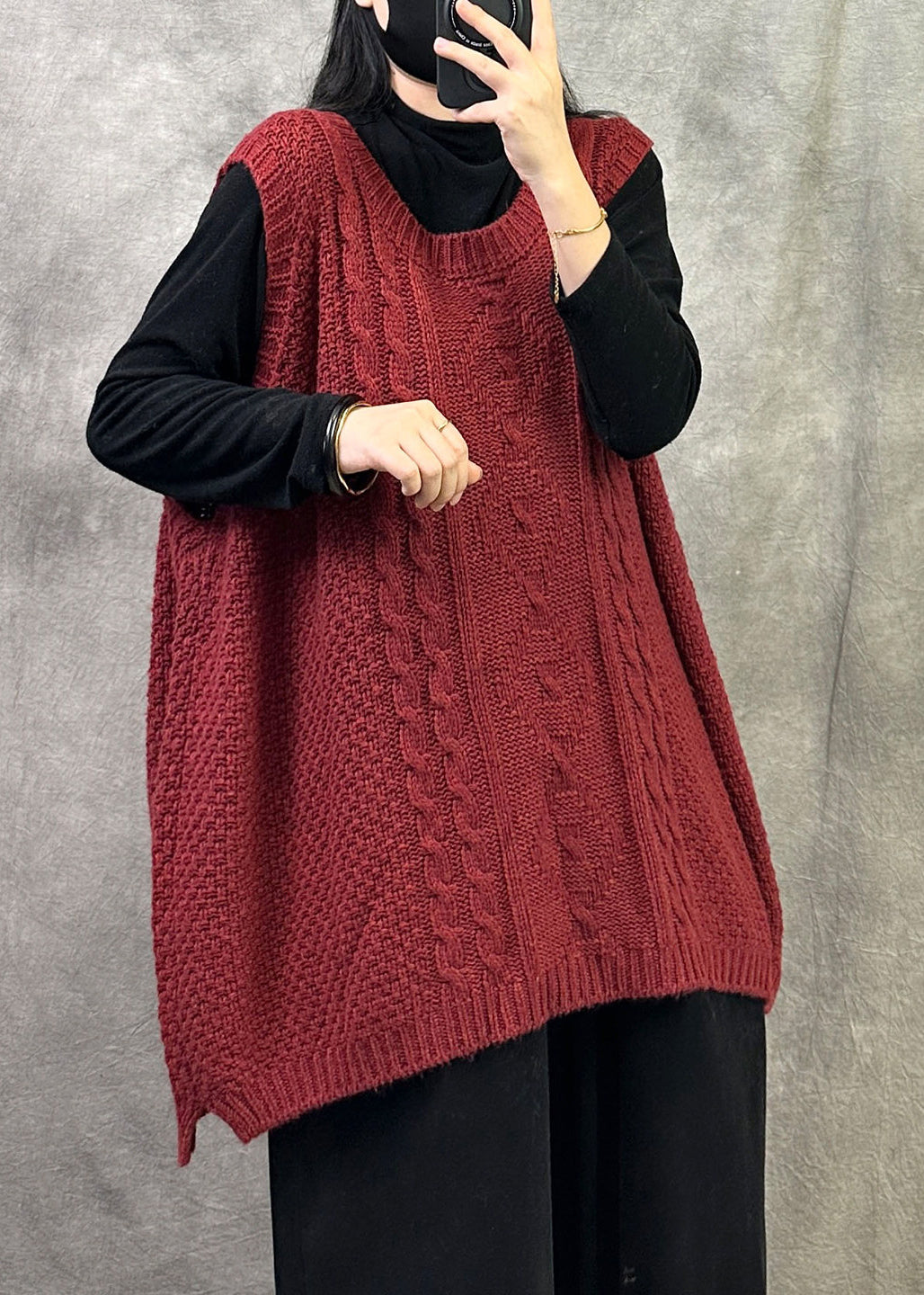 Plus Size Red O Neck Cable Knit Vest Tops Sleeveless