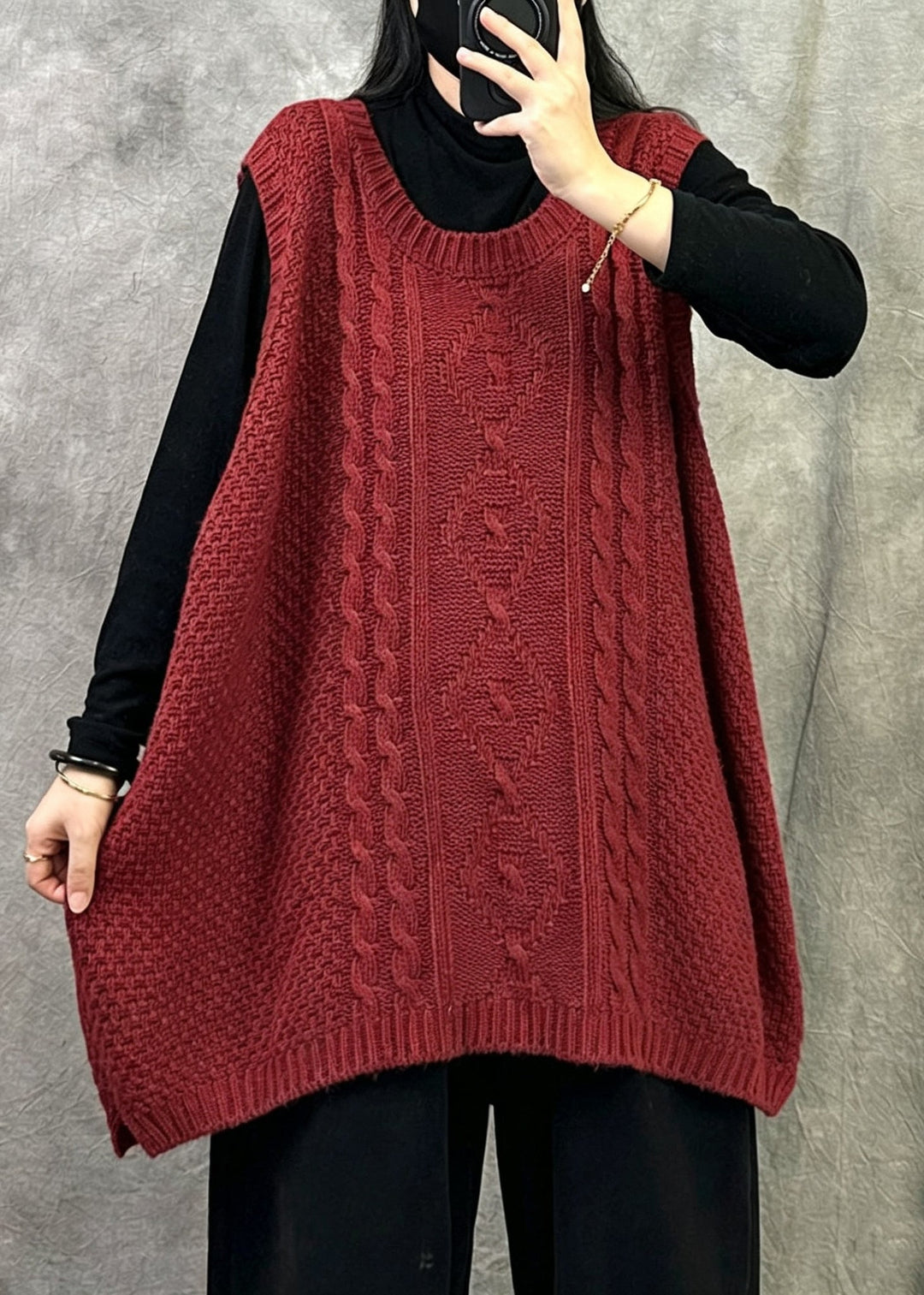 Plus Size Red O Neck Cable Knit Vest Tops Sleeveless