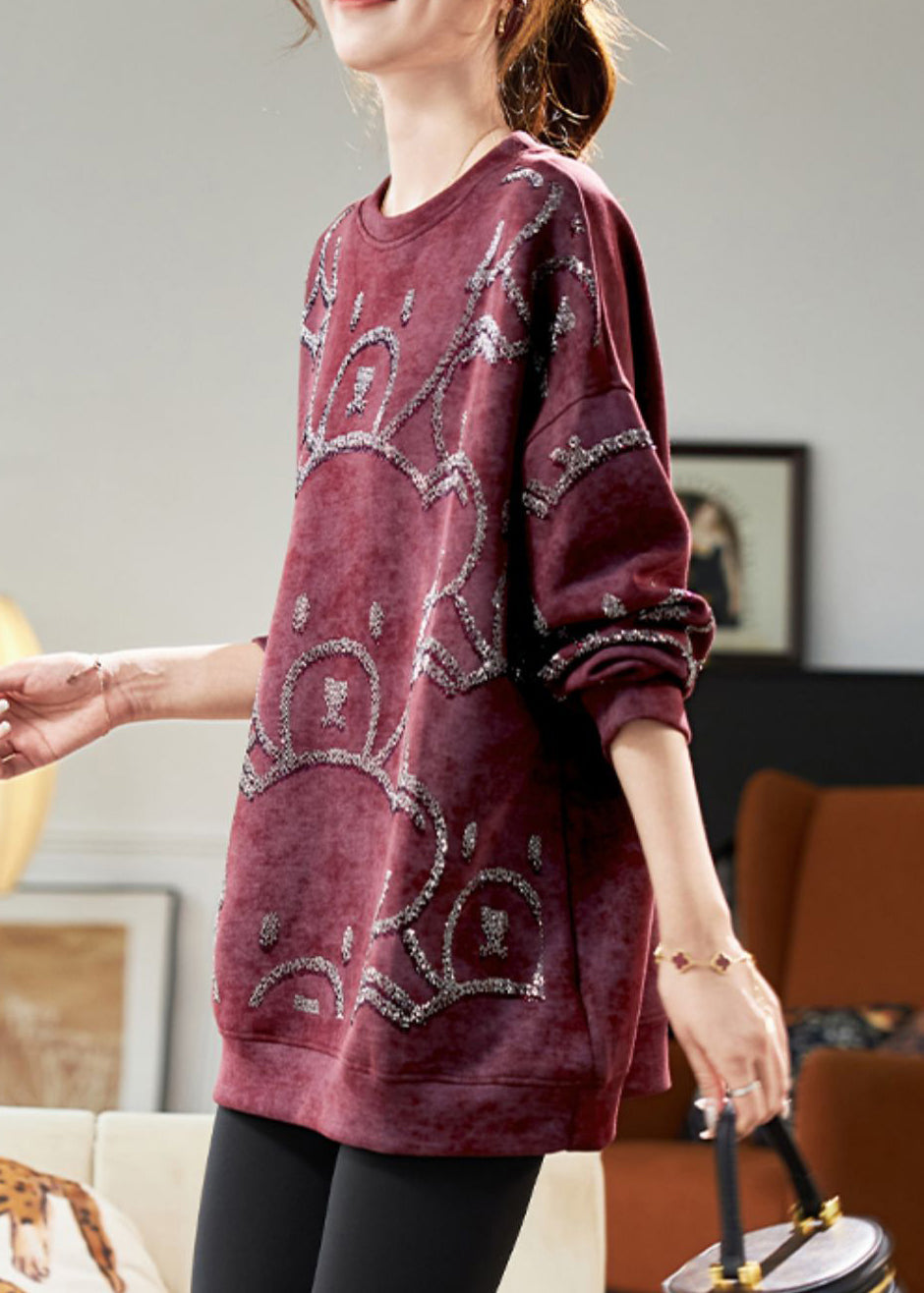 Plus Size Red O-Neck Cozy Sweatshirt Fall