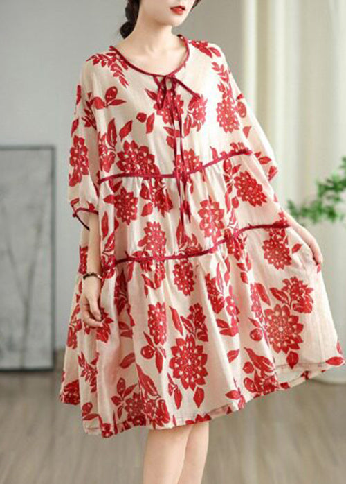 Plus Size Red O Neck Print Patchwork Cotton Dress Summer