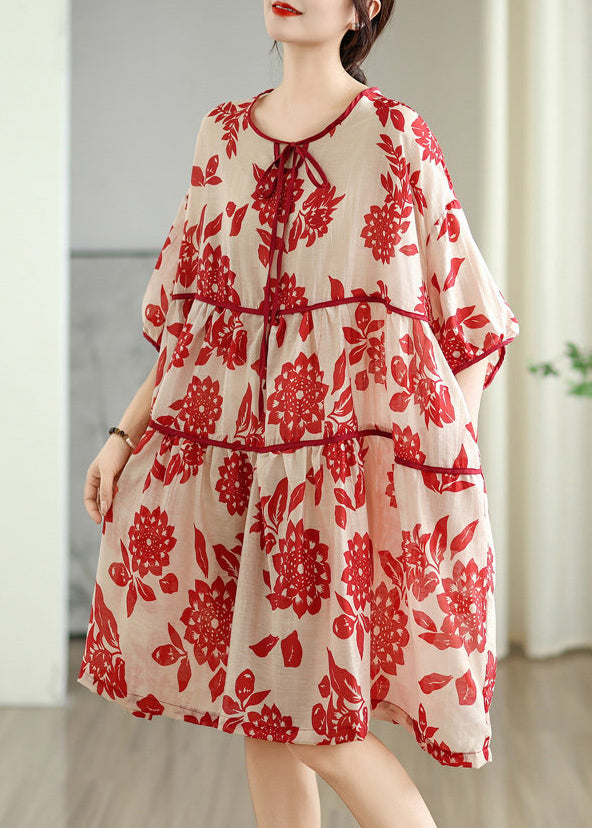 Plus Size Red O Neck Print Patchwork Cotton Dress Summer