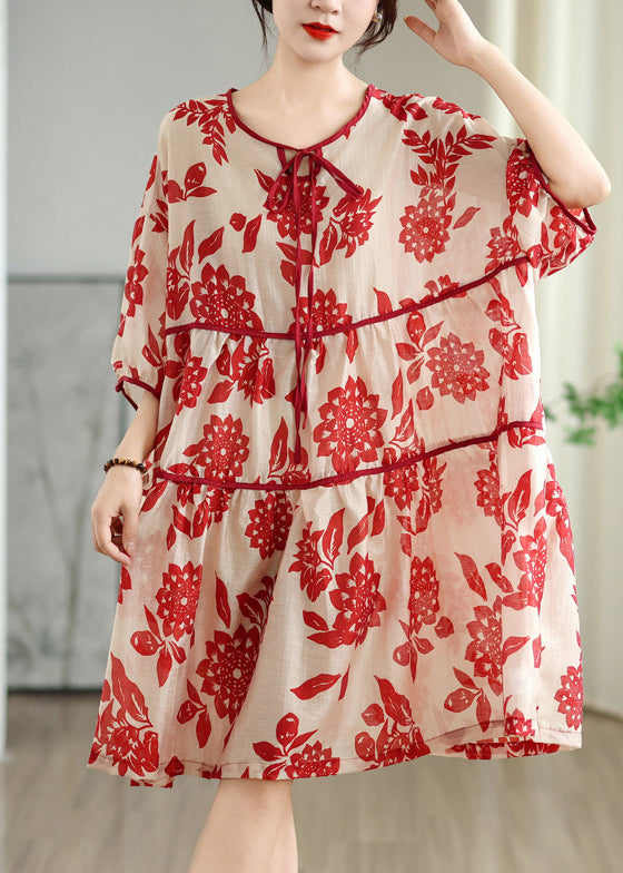 Plus Size Red O Neck Print Patchwork Cotton Dress Summer