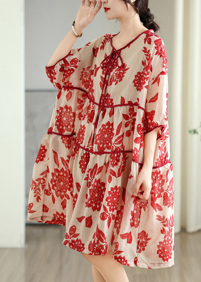 Plus Size Red O Neck Print Patchwork Cotton Dress Summer