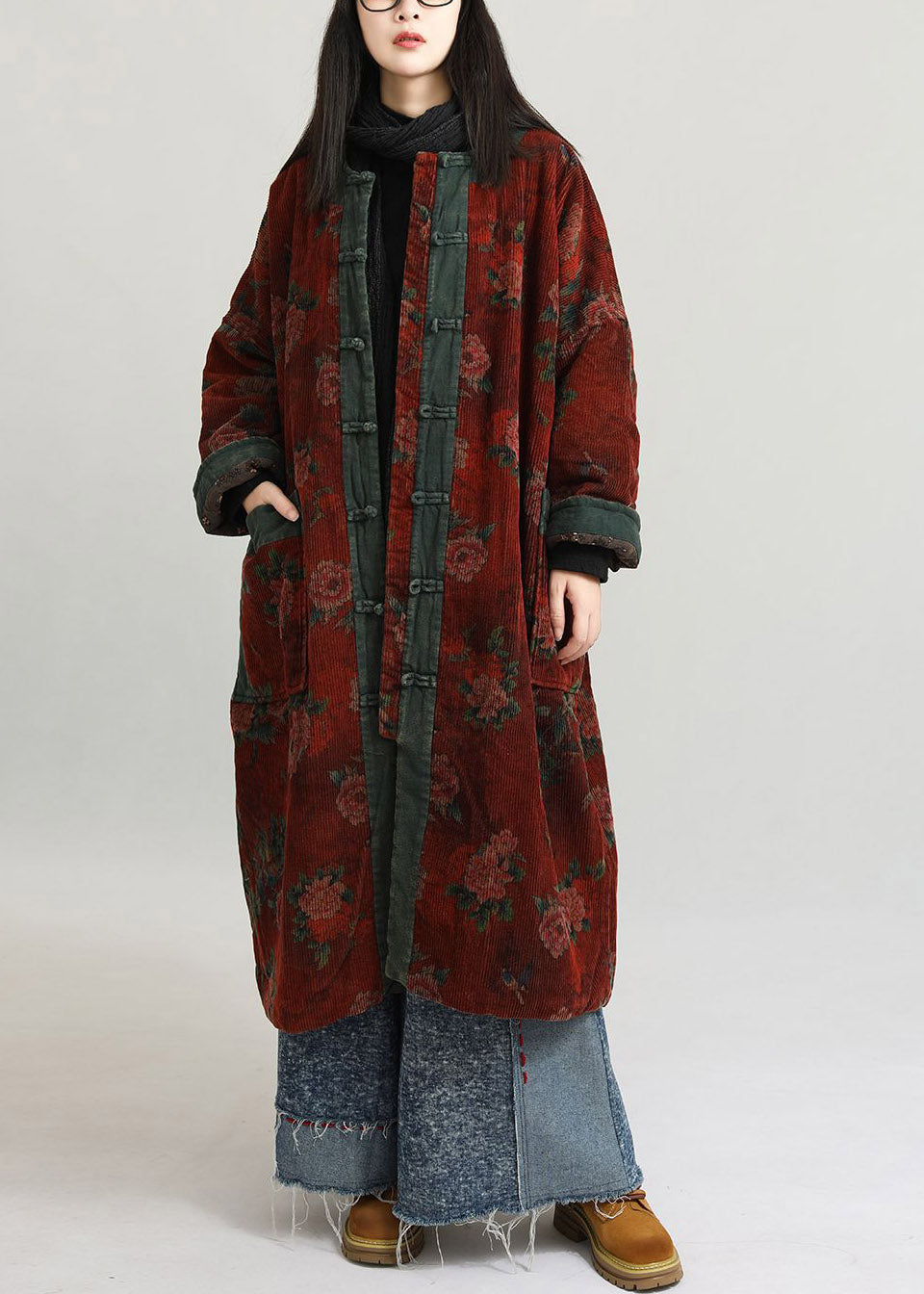 Plus Size Red O-Neck Print Patchwork Long Parka Long Sleeve