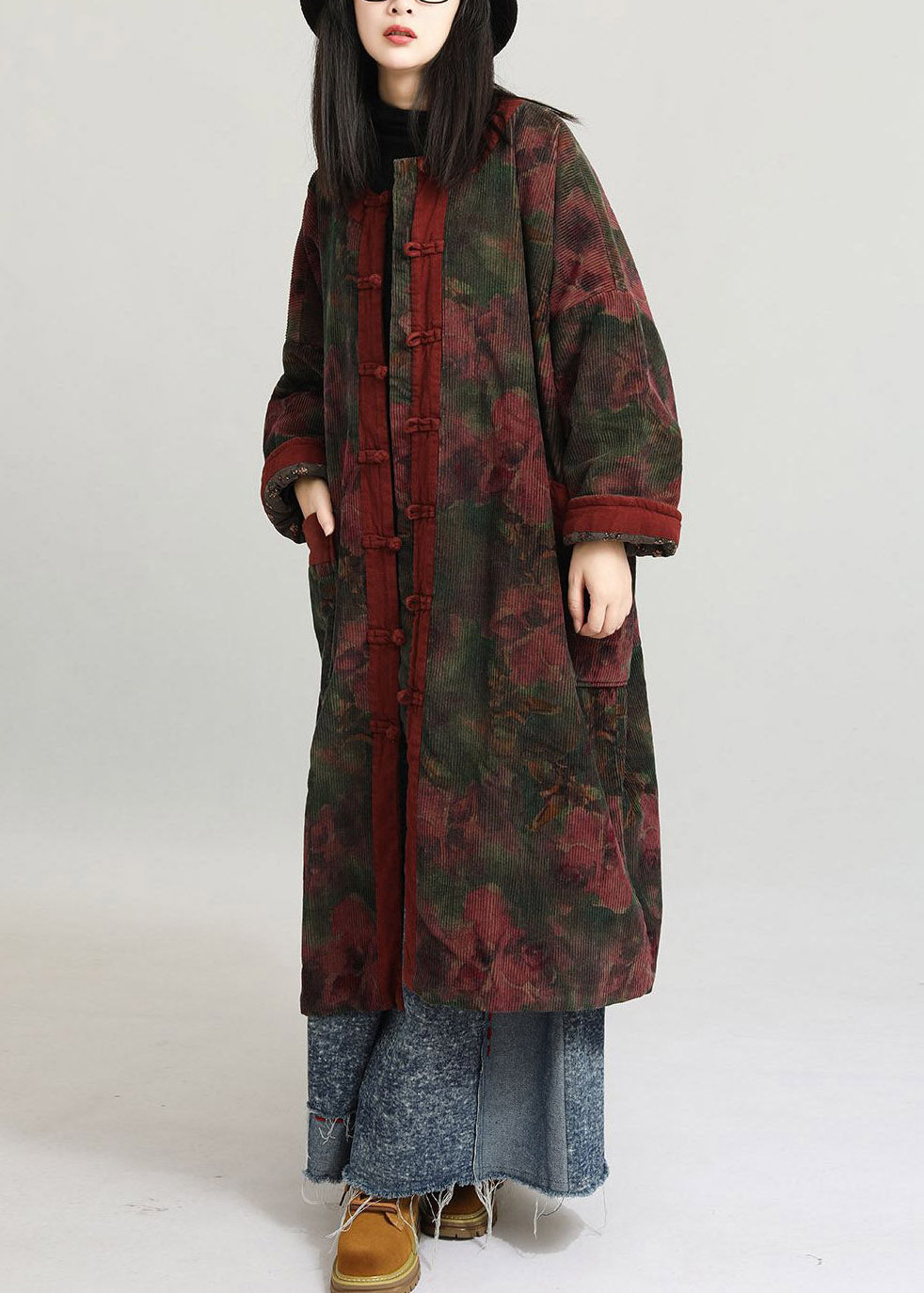 Plus Size Red O-Neck Print Patchwork Long Parka Long Sleeve