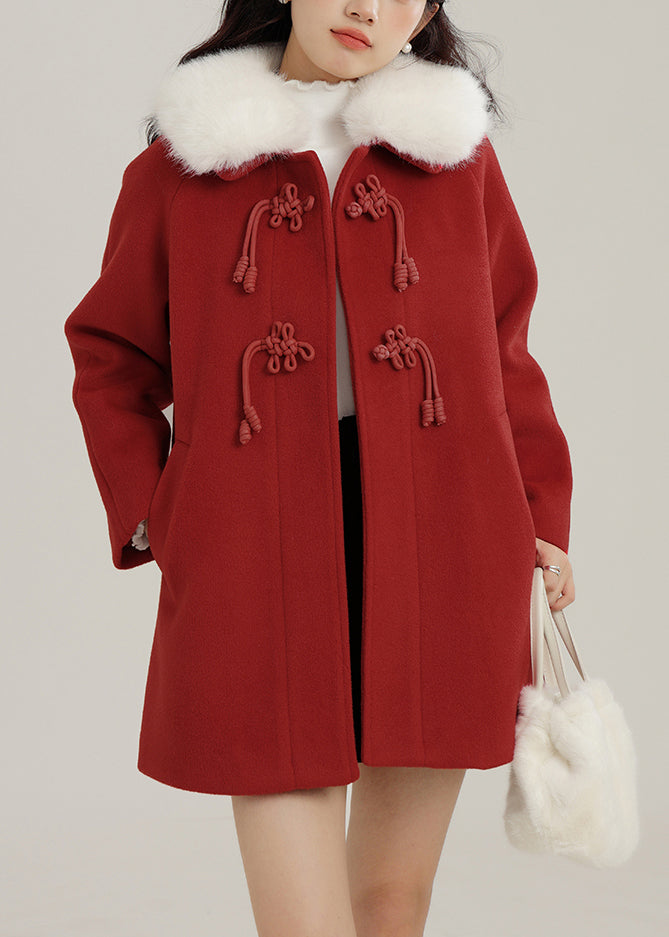 Plus Size Red Oversized Chinese Button Woolen Coats Winter