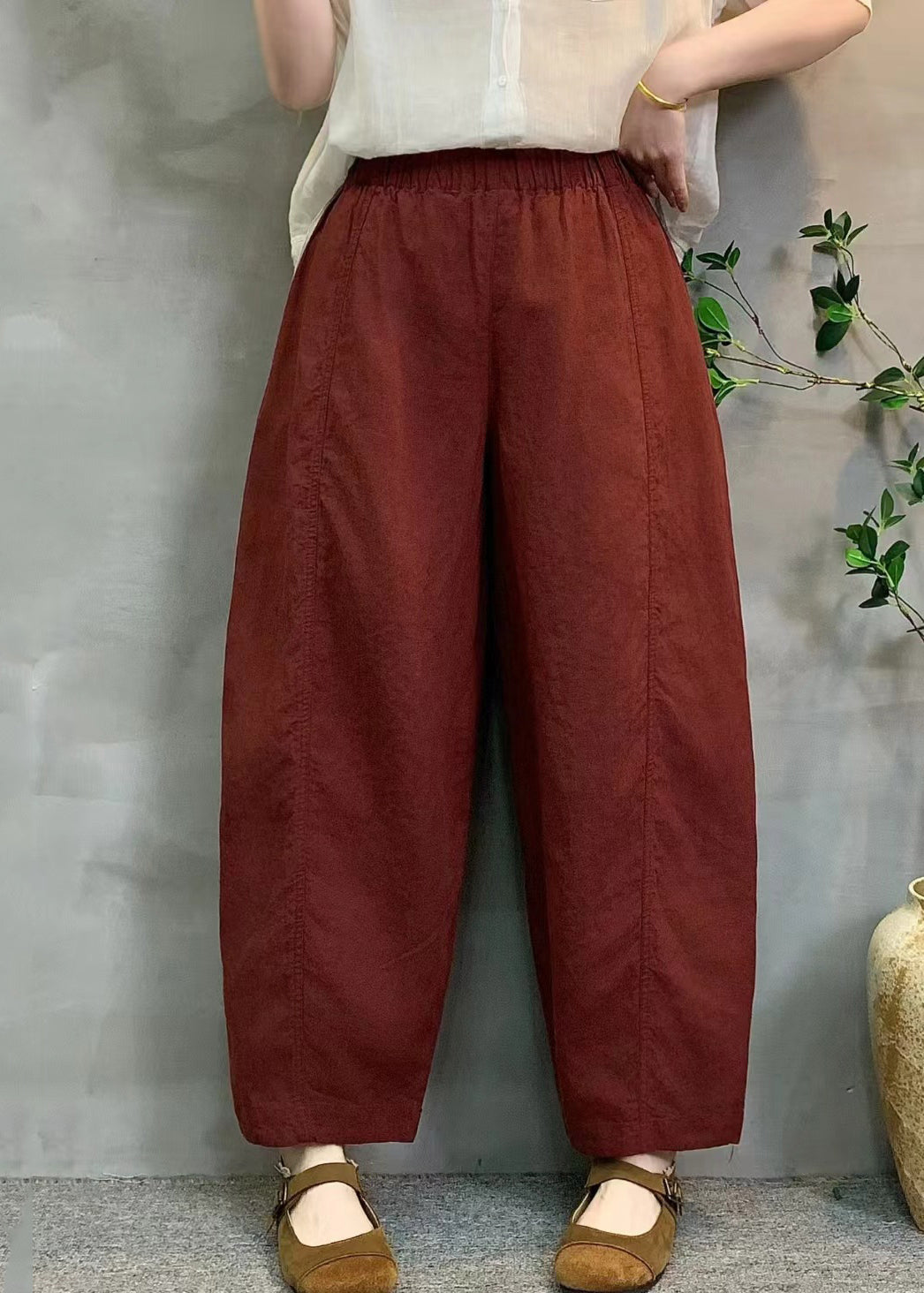 Plus Size Red Oversized Linen Crop Pants Summer