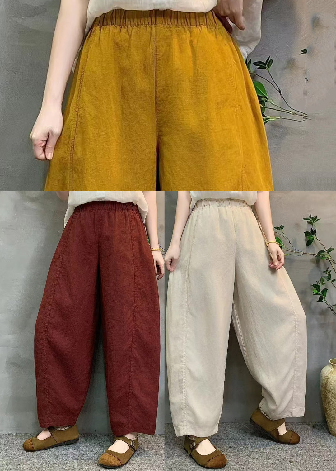 Plus Size Red Oversized Linen Crop Pants Summer