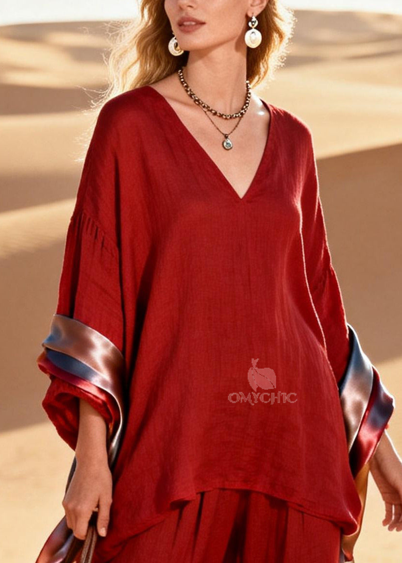 Plus Size Red Oversized Patchwork Shawl Silk Linen 2 Piece Outfit Spring