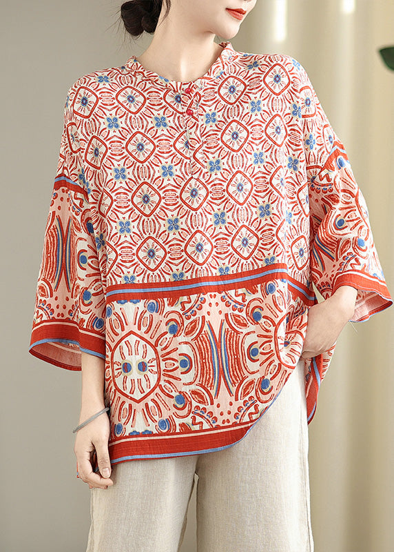 Plus Size Red Oversized Print Tops Bracelet Sleeve