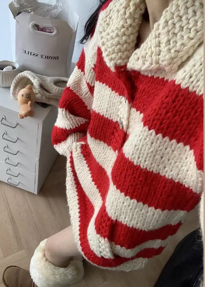 Plus Size Red Oversized Striped Knit Sweaters Winter