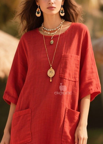 Plus Size Red Oversized Tulle Patchwork Pockets Cotton Dress Summer