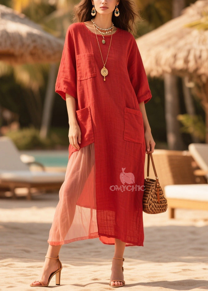 Plus Size Red Oversized Tulle Patchwork Pockets Cotton Dress Summer