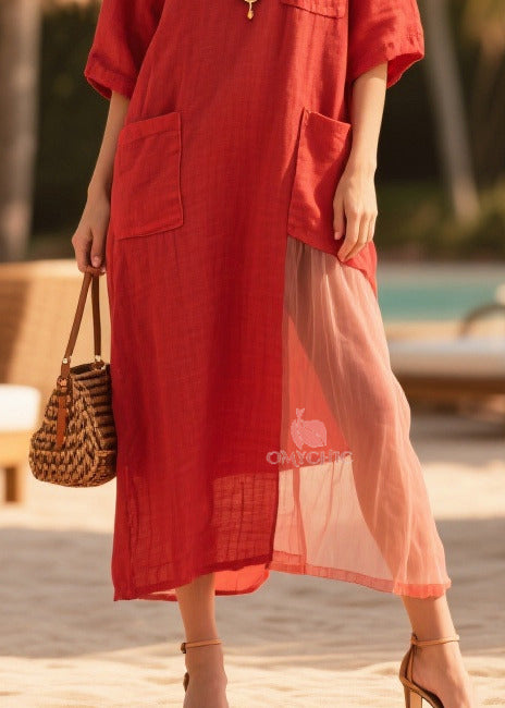 Plus Size Red Oversized Tulle Patchwork Pockets Cotton Dress Summer