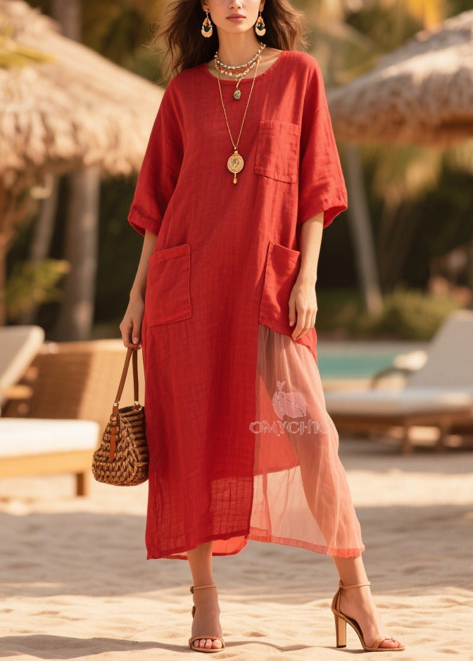 Plus Size Red Oversized Tulle Patchwork Pockets Cotton Dress Summer