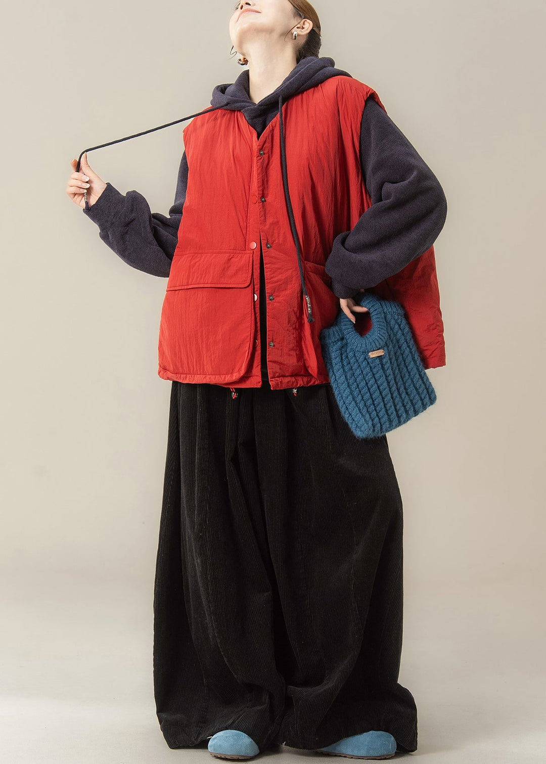 Plus Size Red Pockets Drawstring Waistcoat And Black Wide Leg Pants Two-Piece Set Sleeveless