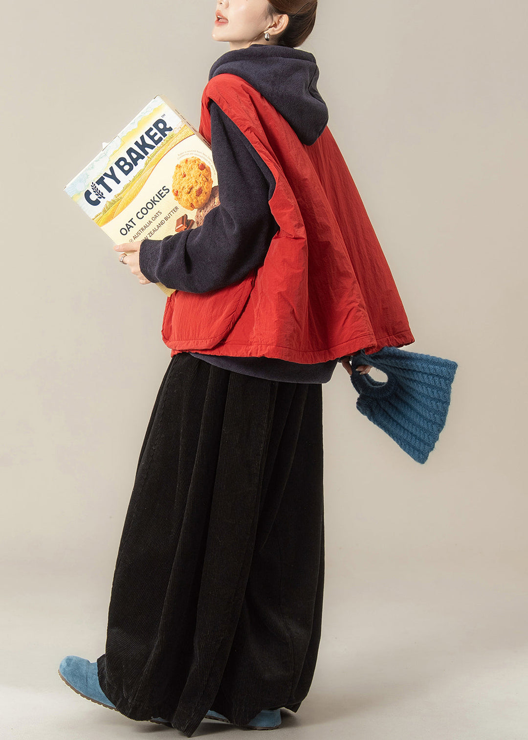 Plus Size Red Pockets Drawstring Waistcoat And Black Wide Leg Pants Two-Piece Set Sleeveless