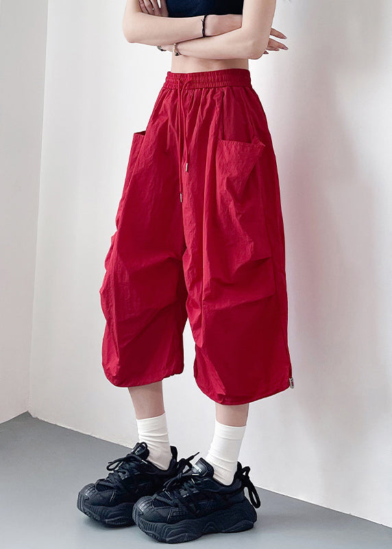 Plus Size Red Pockets Elastic Waist Cotton Crop Pants Summer