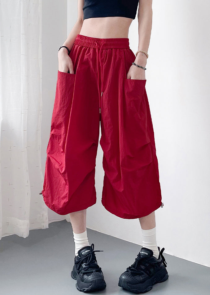 Plus Size Red Pockets Elastic Waist Cotton Crop Pants Summer