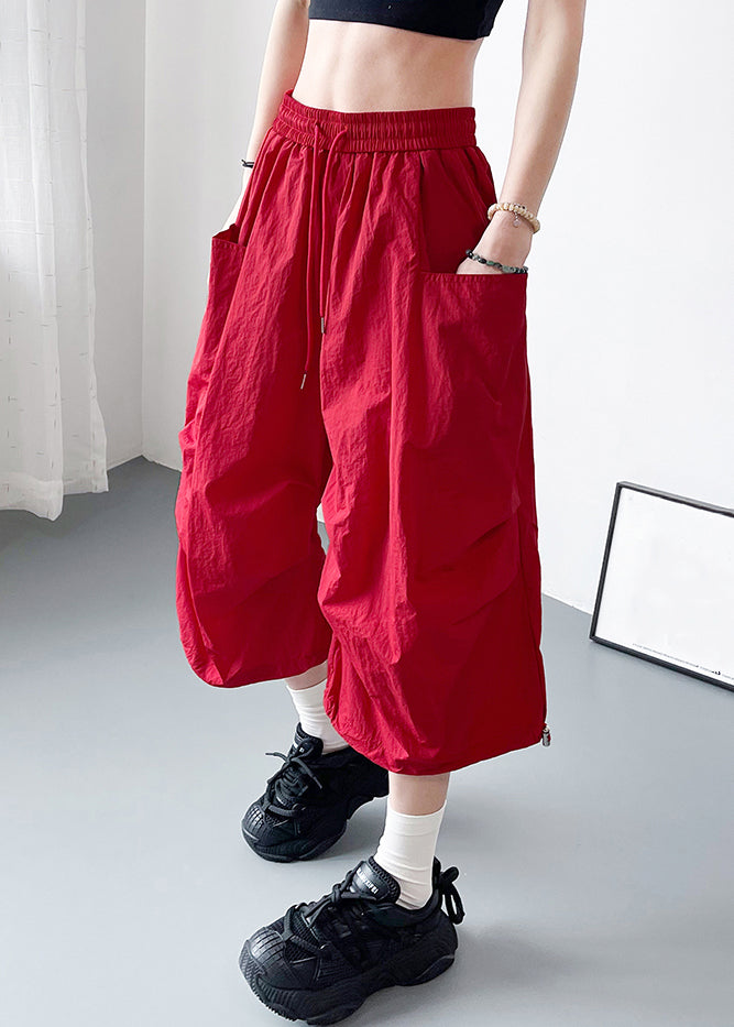 Plus Size Red Pockets Elastic Waist Cotton Crop Pants Summer