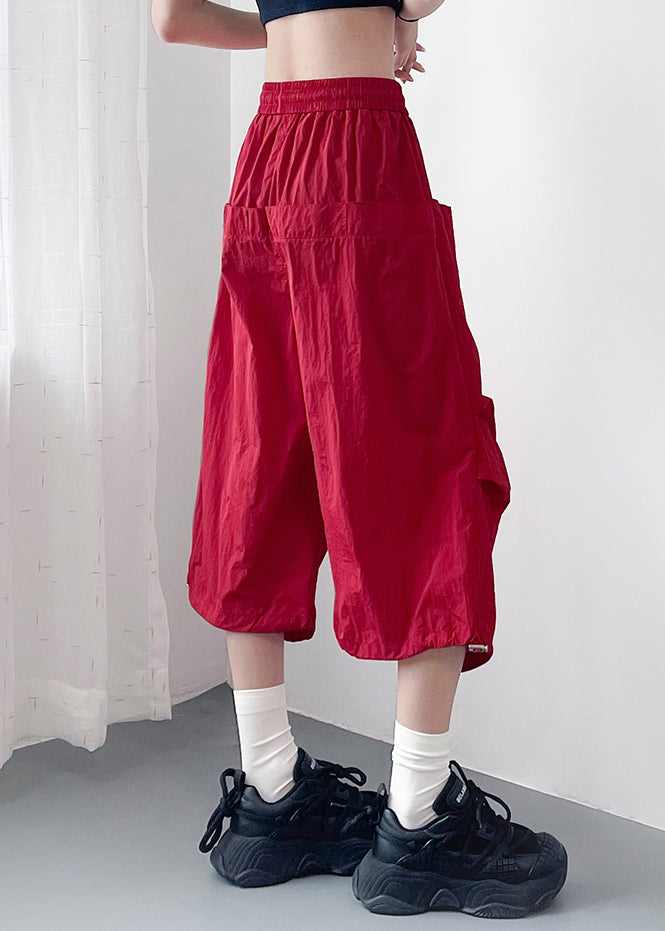Plus Size Red Pockets Elastic Waist Cotton Crop Pants Summer