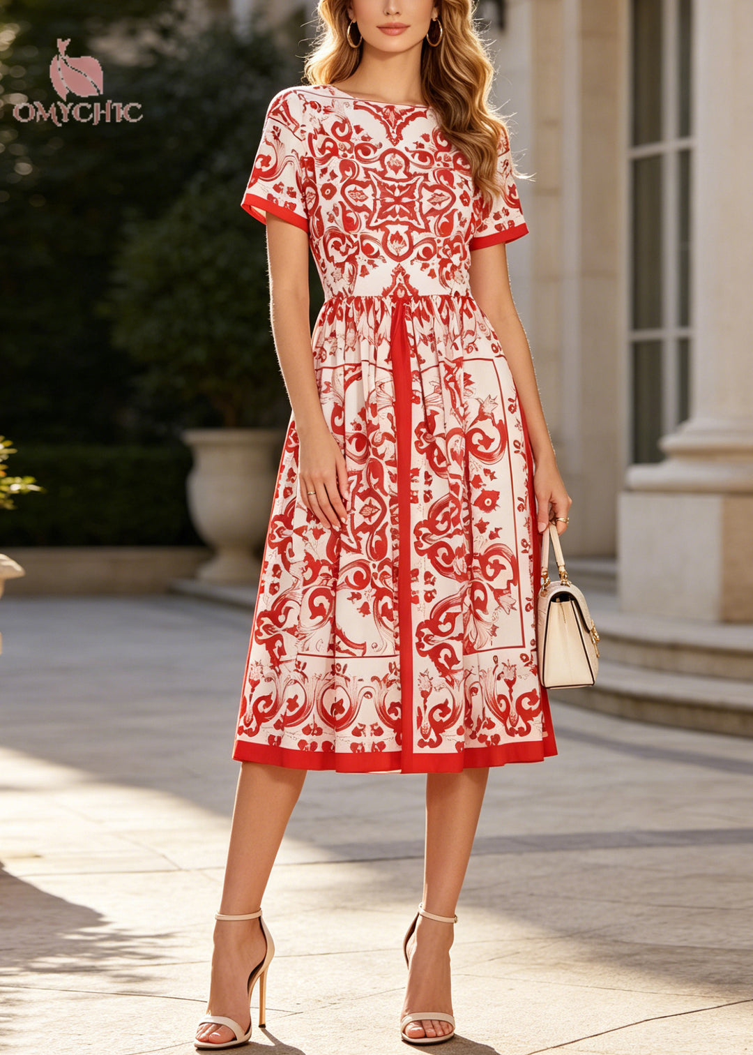 Plus Size Red Print Exra Large Hem Cotton Tea Dresses Summer