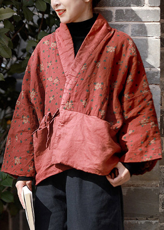 Plus Size Red Print Tie Waist Parka Long Sleeve