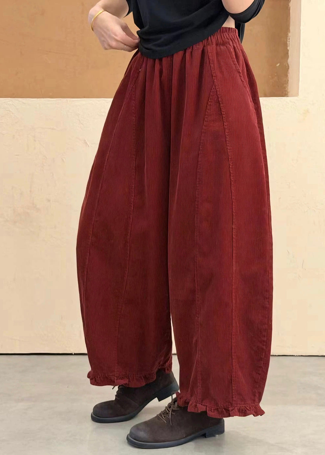 Plus Size Red Ruffled Pockets Patchwork Cotton Pants Fall