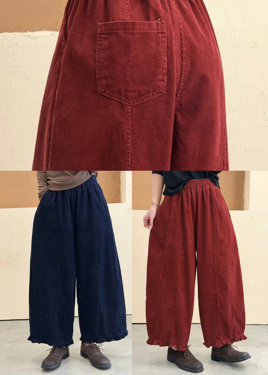 Plus Size Red Ruffled Pockets Patchwork Cotton Pants Fall