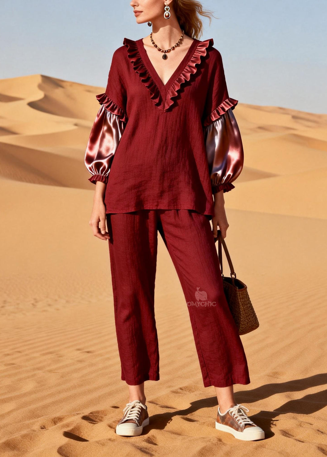 Plus Size Red Ruffled Silk Patchwork Linen Two Pieces Set Spring