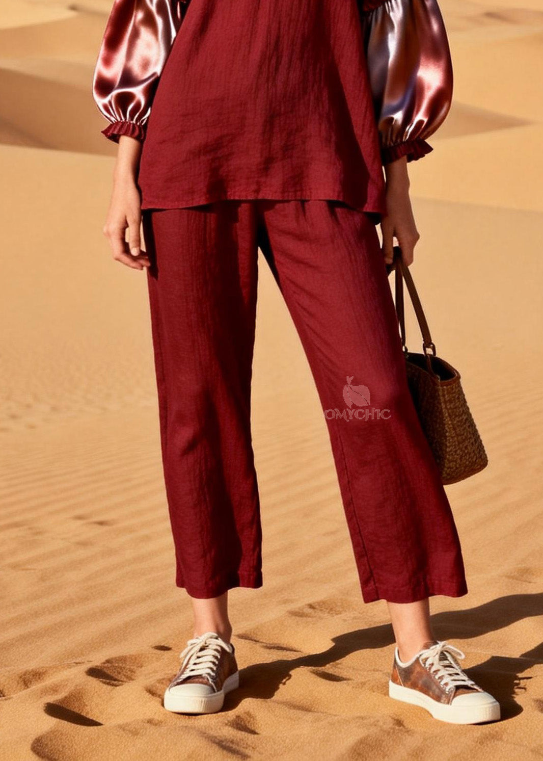 Plus Size Red Ruffled Silk Patchwork Linen Two Pieces Set Spring