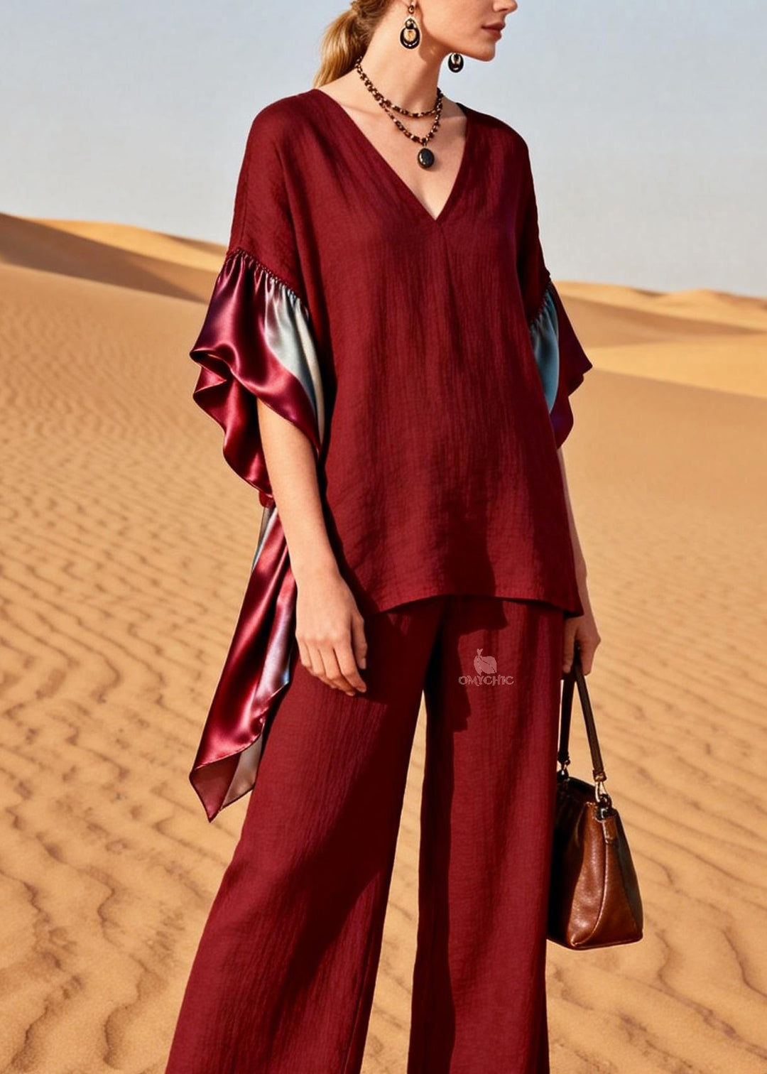 Plus Size Red V Neck Patchwork Linen Silk Two Pieces Set Summer