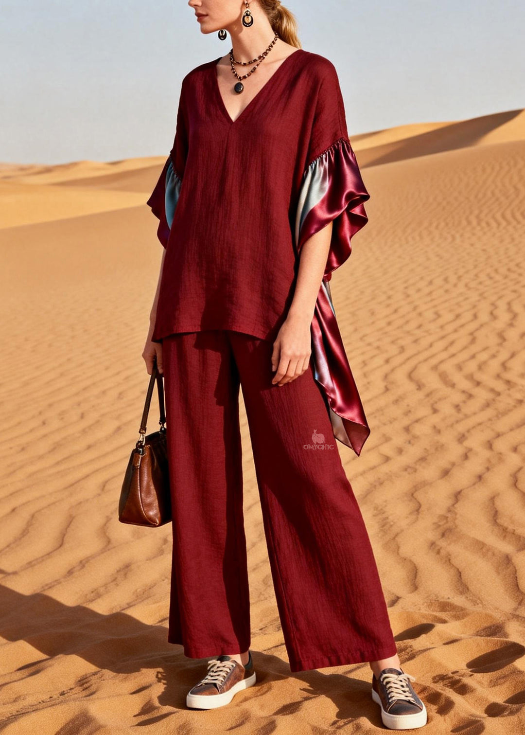 Plus Size Red V Neck Patchwork Linen Silk Two Pieces Set Summer