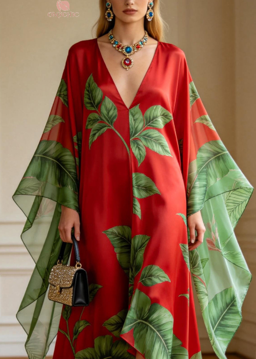 Plus Size Red V Neck Print Chiffon Ankle Dress Summer