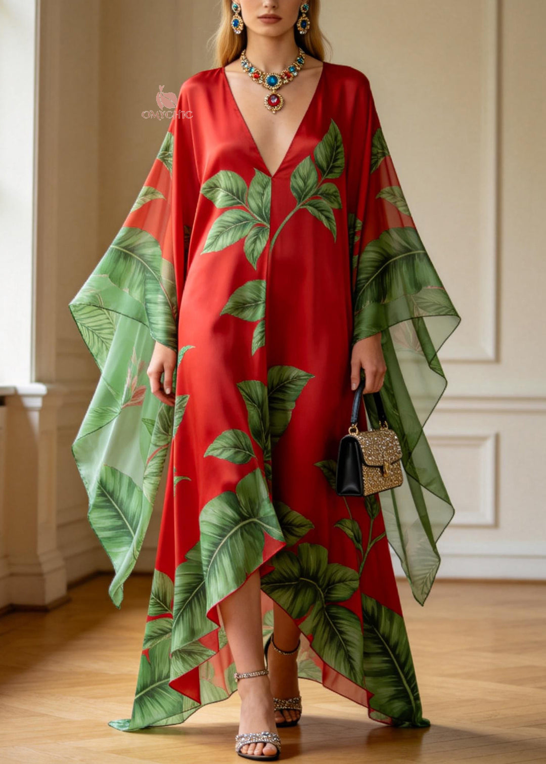 Plus Size Red V Neck Print Chiffon Ankle Dress Summer