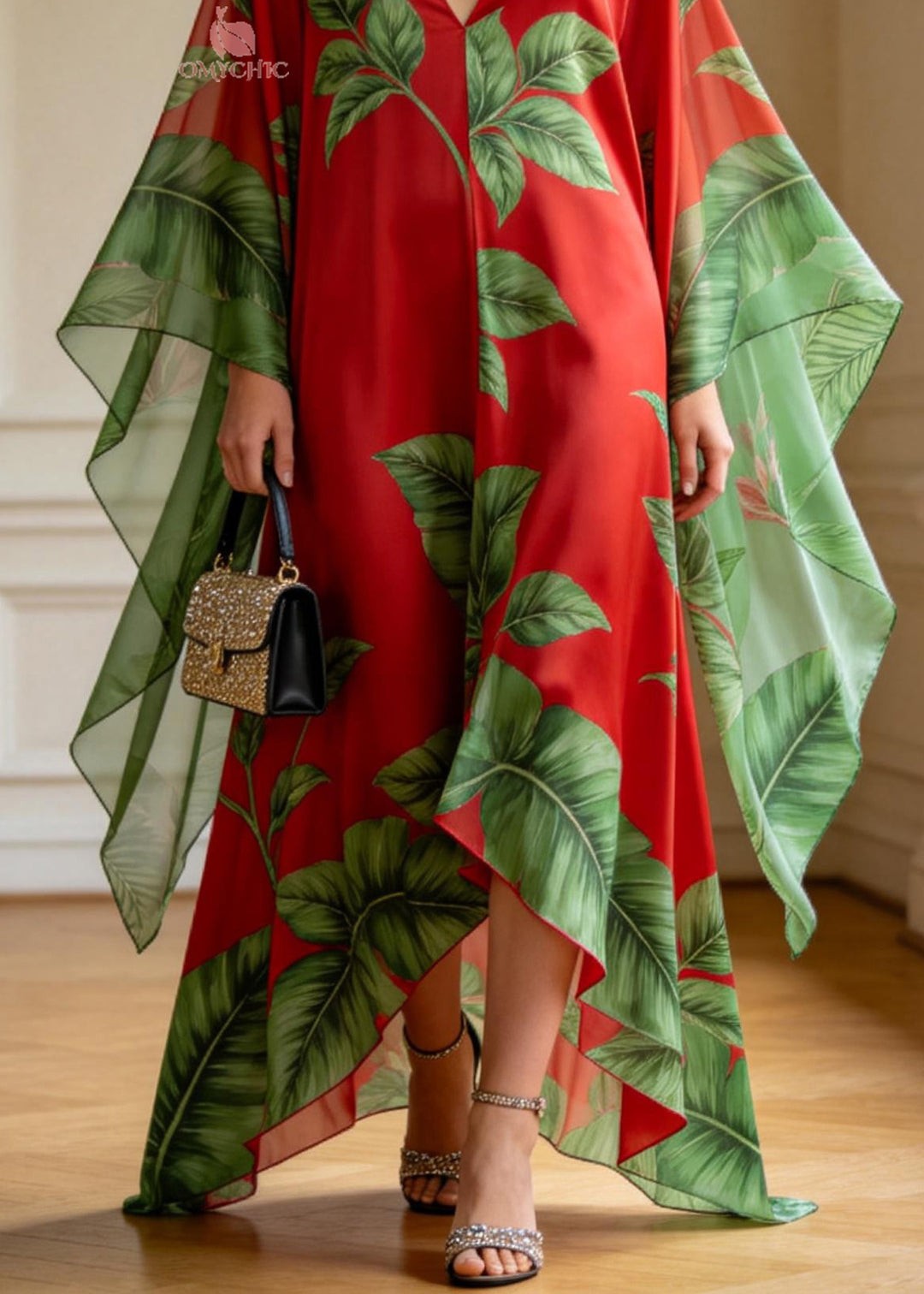 Plus Size Red V Neck Print Chiffon Ankle Dress Summer