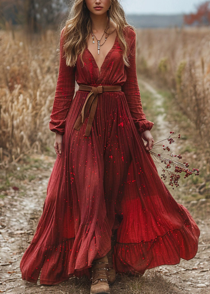 Plus Size Red V Neck Wrinkled Patchwork Cotton Dress Long Sleeve
