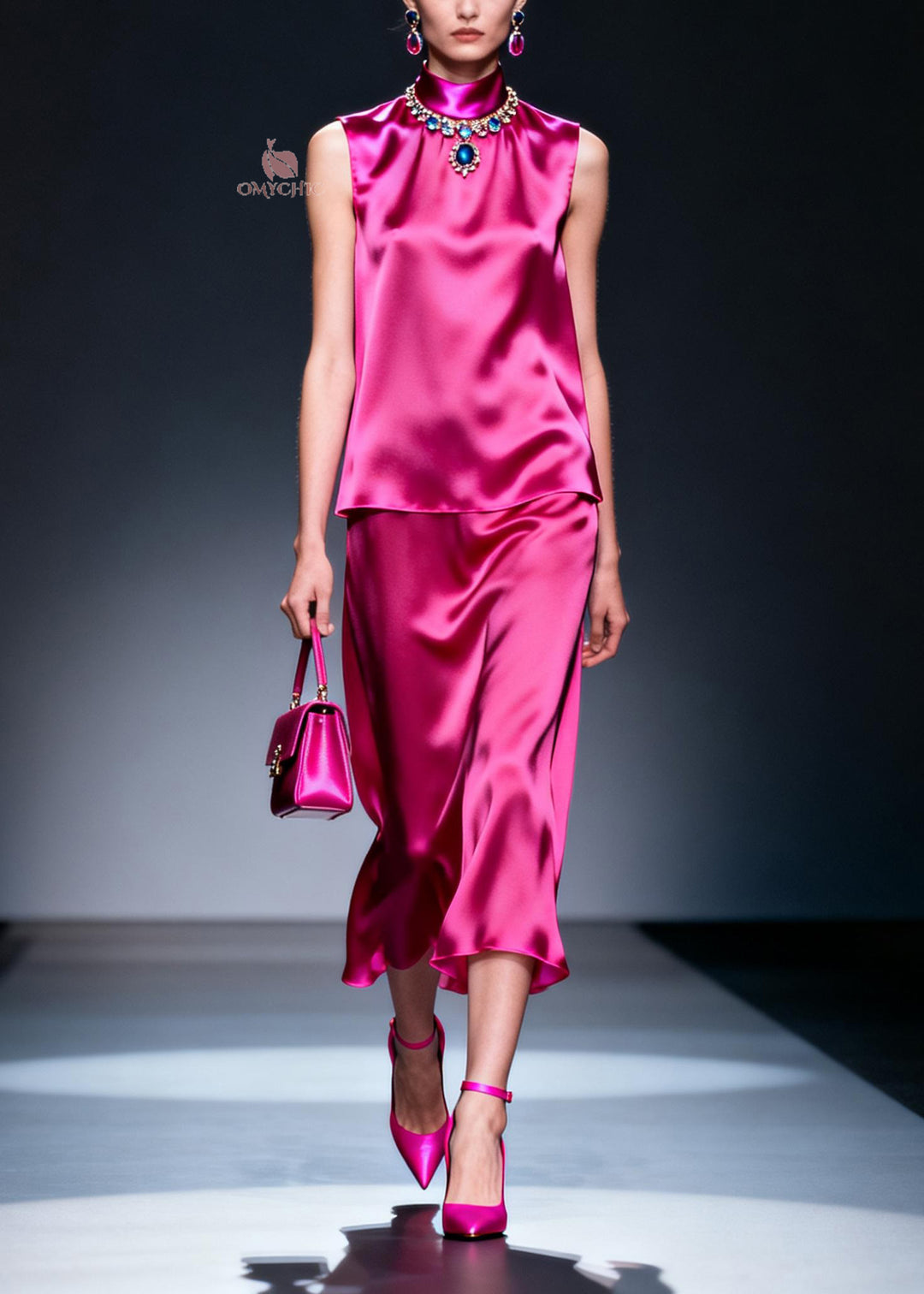 Plus Size Rose Hign Neck False Two Pieces Silk Dresses Sleeveless